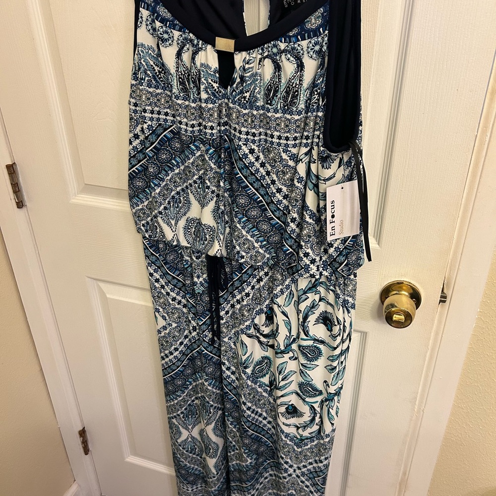 Enfocus Studio Blue and White Maxi Dress with Ethnic Patterns